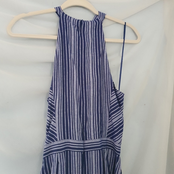 Parker Channing Linen Blend Boho Striped Classic Blue and White Beach Jumpsuit - Picture 3 of 6